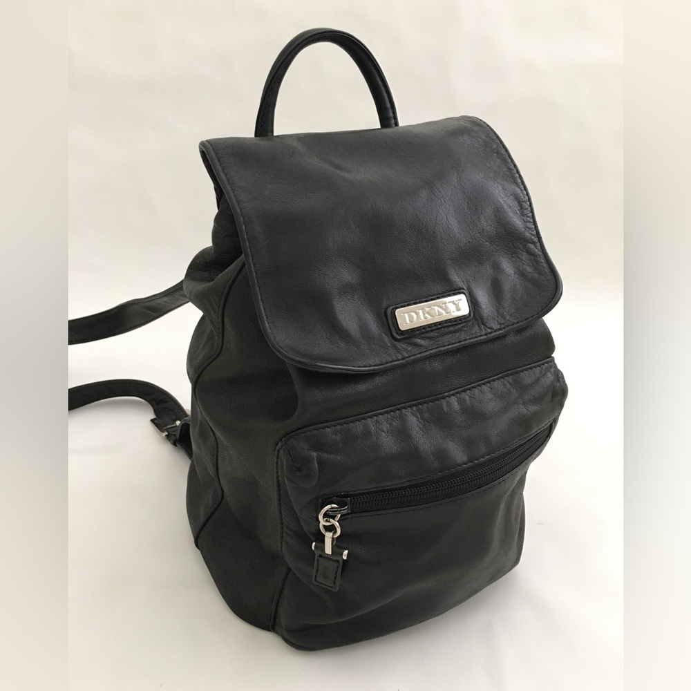 DKNY Black Mini Leather Backpack 10x8x5 Magnetic Snaps Silver Hardware